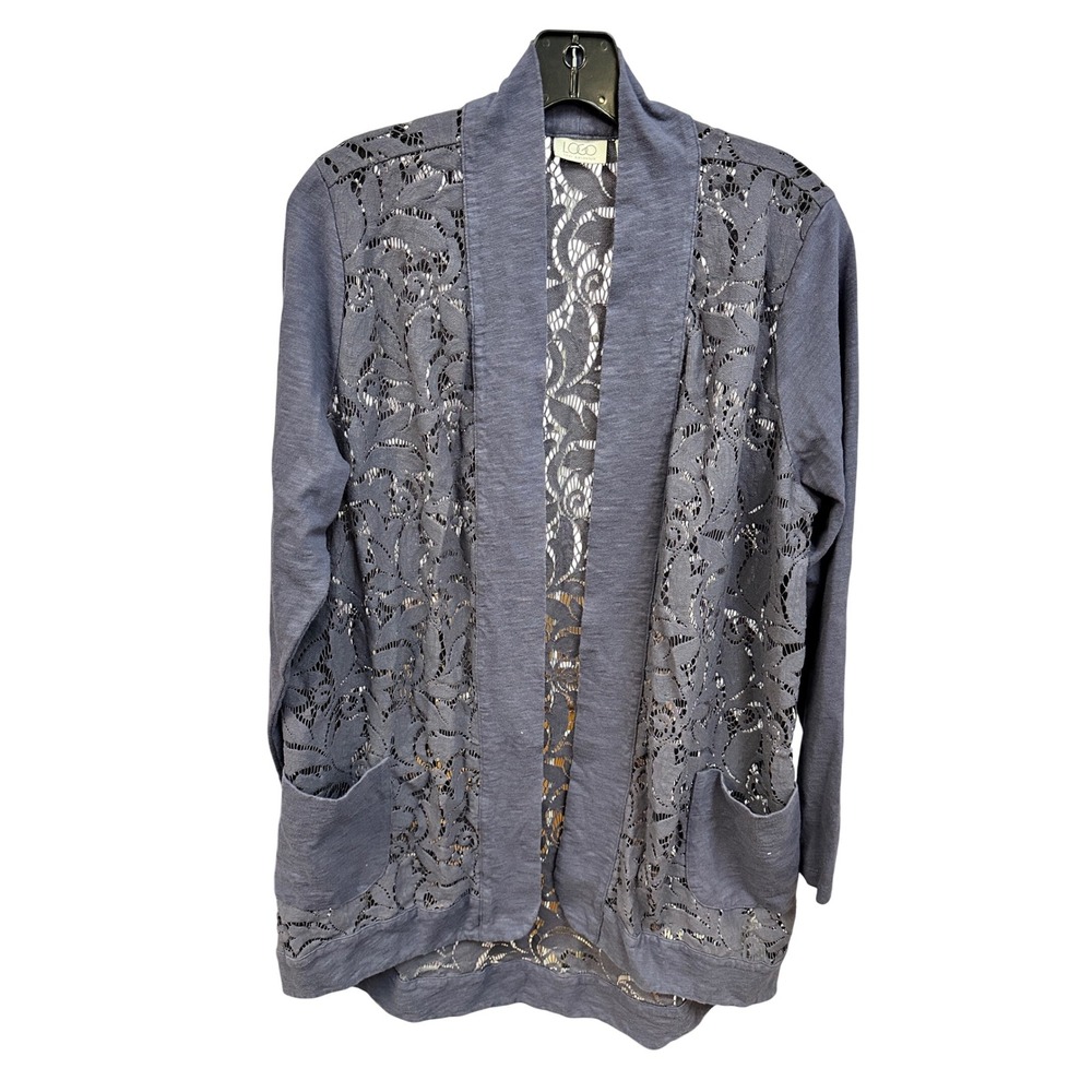 LOGO by Lori Goldstein Women's Open Front Lace Cardigan Dusty Lilac L‎